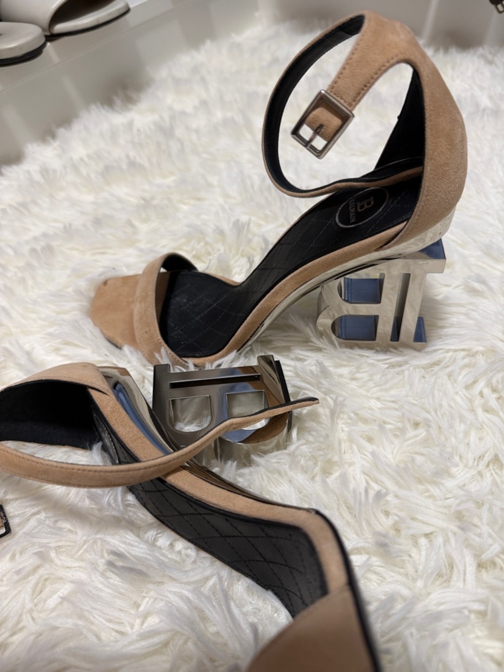 Balmain Beige Suede Ankle-Strap Heels with Sculptural Metallic Logo Heel - Picture 8 of 8